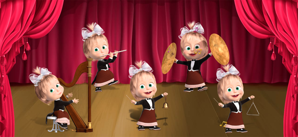 Masha and the Bear. Activities - Masha characters playing musical instruments on a stage in the orchestra game