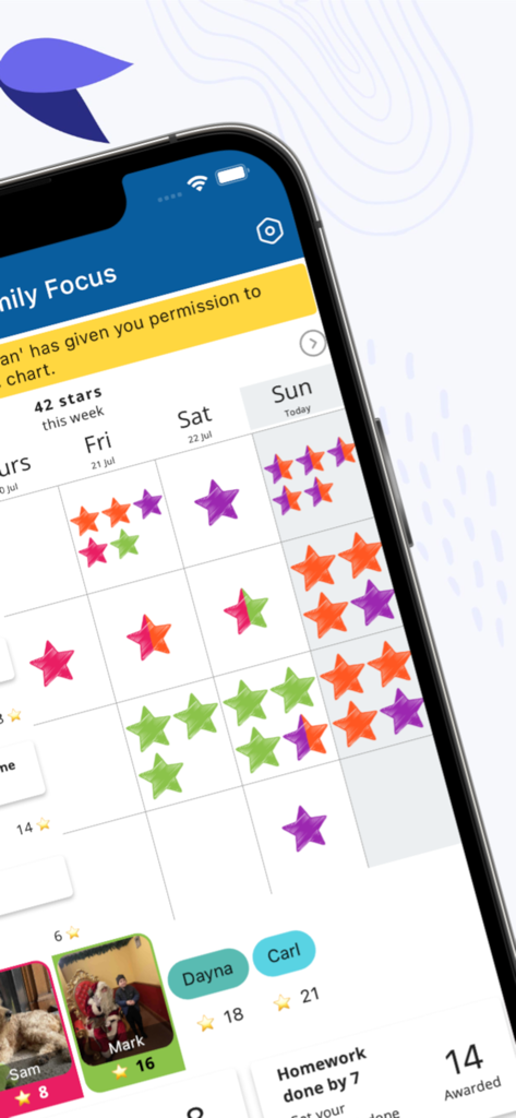 Starbright Charts - Una gráfica digital semanal de estrellas en un teléfono móvil mostrando estrellas de colores otorgadas a diferentes niños por comportamiento positivo.