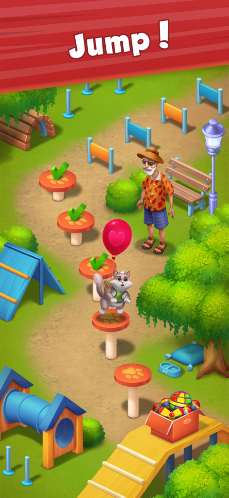 City Kitty Match - Winston the cat jumping on mushroom platforms with a pink heart balloon in a park level