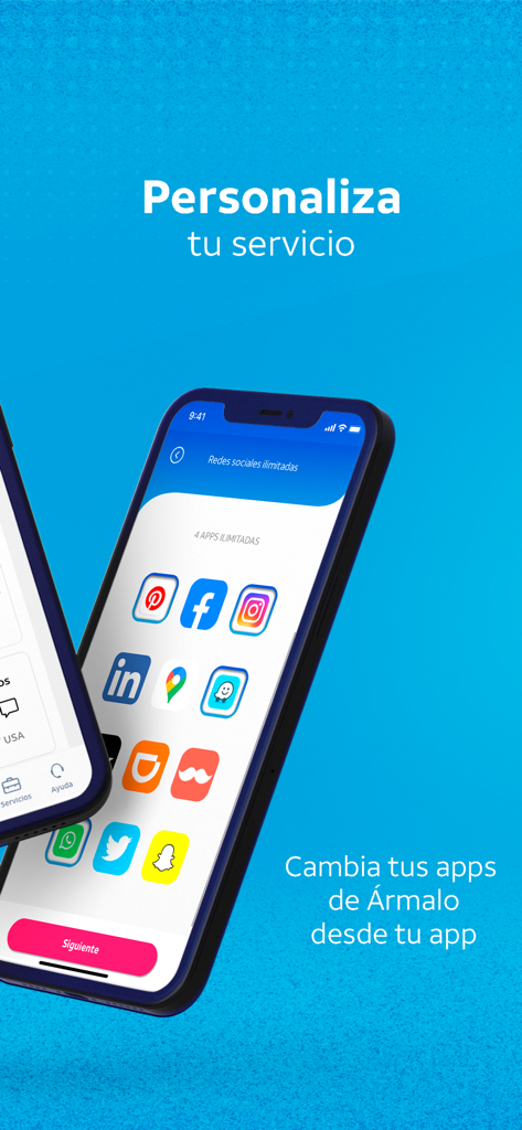 A mobile phone displaying the Mi AT&T app screen to customize unlimited social media and streaming apps