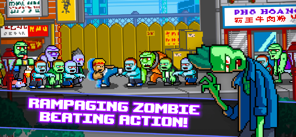Kung Fu Zombie - Retro pixel art gameplay of Zak performing martial arts against a crowd of zombies in a city street