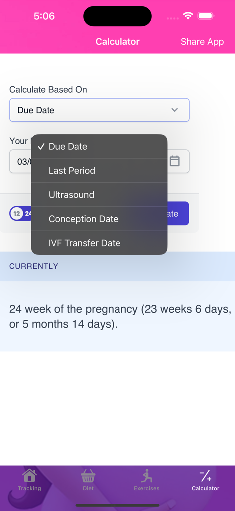Pregnancy tracker & calculator - A pregnancy tracker app interface showing a calculation tool with options for due date, last period, ultrasound, conception date, and IVF transfer date.