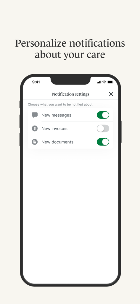 SimplePractice Client Portal - A mobile screen showing notification settings for messages, invoices, and documents in the SimplePractice Client Portal app.