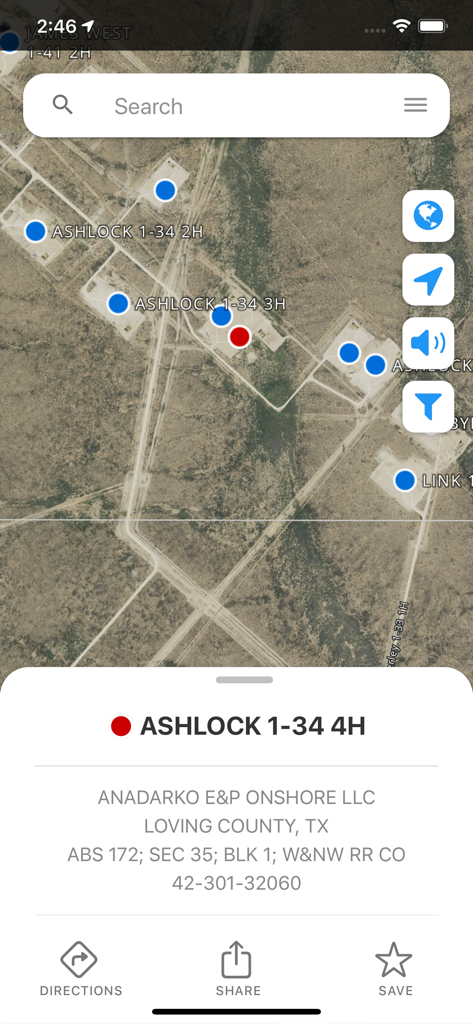 Petro Path - Satellite map view of the Petro Path app showing oil well locations and site details in Texas