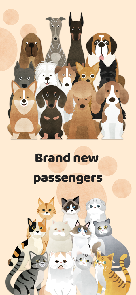 Uma coleção de avatares fofos ilustrados de cães e gatos sob o texto Novos passageiros para o aplicativo de diário mooding.