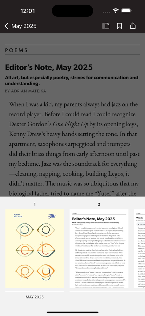 Reading view of the Poetry Magazine App featuring an article titled Editor's Note with issue thumbnails at the bottom.