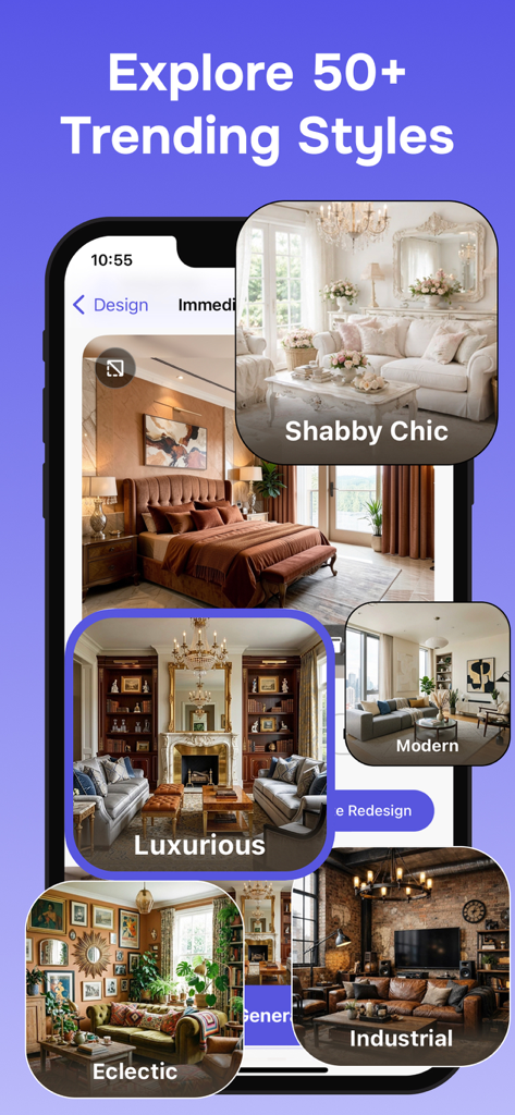 AI Room Design : Home Planner - Pantalla de la aplicación móvil que muestra varios estilos de diseño de interiores, incluyendo Shabby Chic y Moderno.