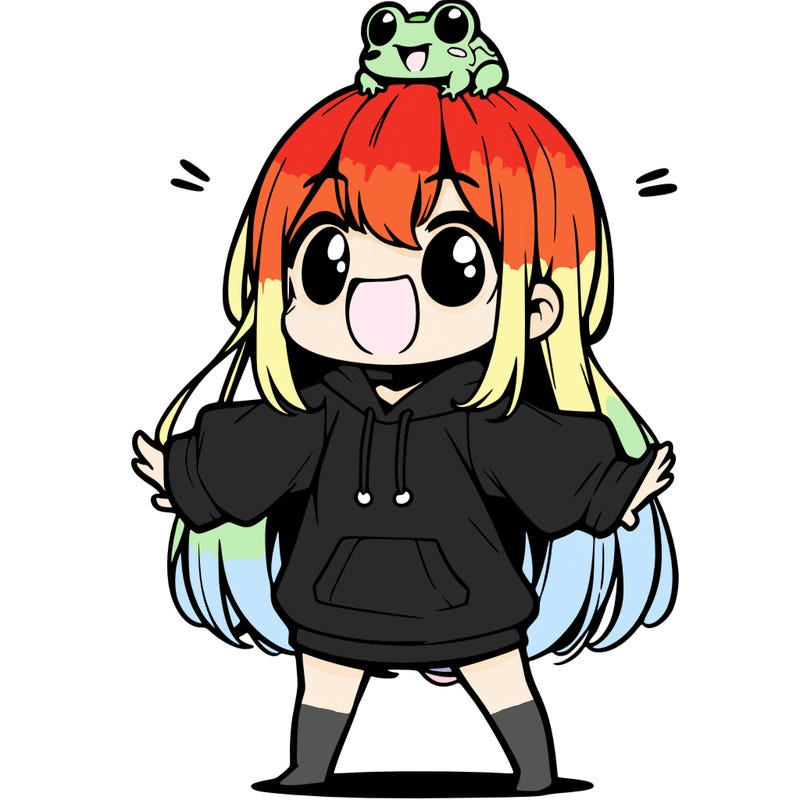 a excited chibi girl whith long hair and a baggy shirt whith a frog on there head