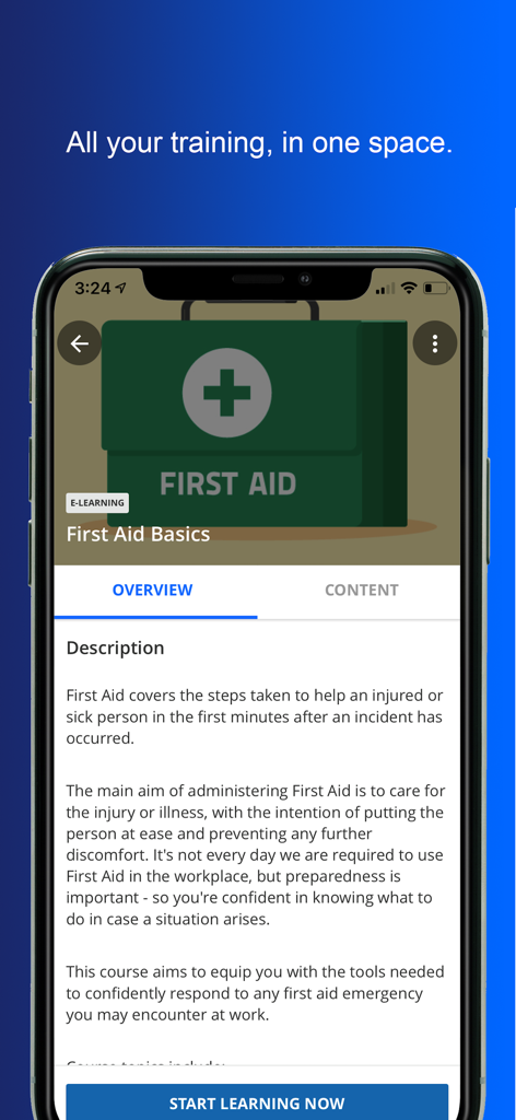 Allara Global - Allara Globalモバイルアプリのインターフェース。スマートフォンの応急処置基本eラーニングコースの概要を表示しています。