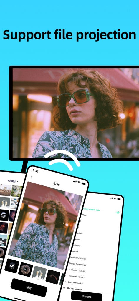 Universal TV Remote -TV Remote - Um smartphone usando o aplicativo Controle Remoto Universal para TV para espelhar uma foto de uma mulher em uma tela de televisão.