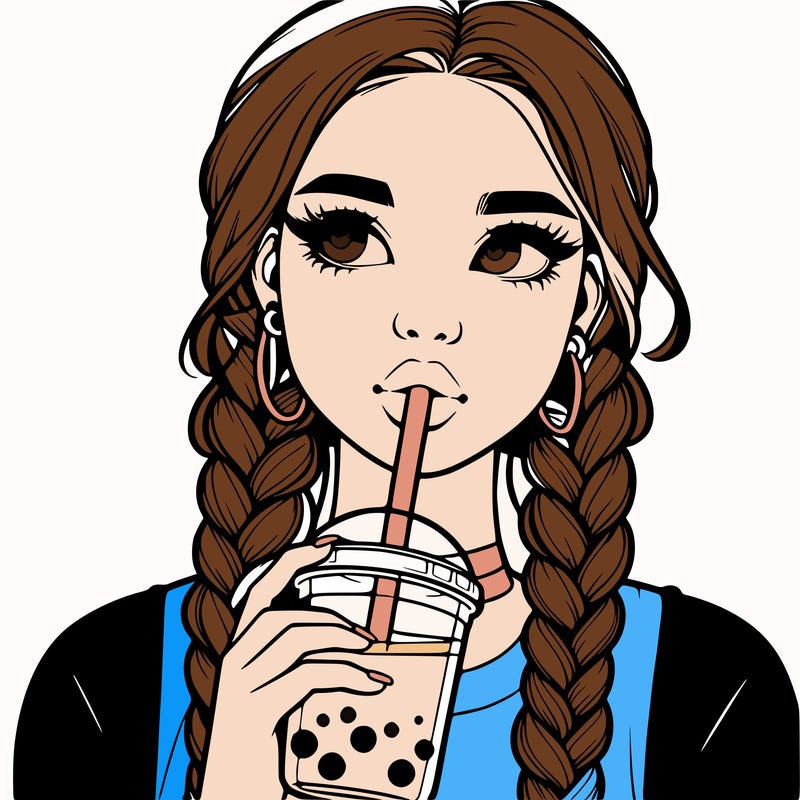 realistic girl with braided hair drinking boba