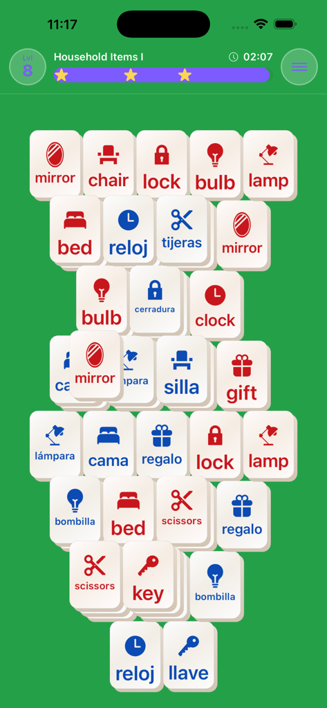 Mahjong Lingo - Mahjong Lingo gameplay screenshot showing matching tiles for English and Spanish household items vocabulary