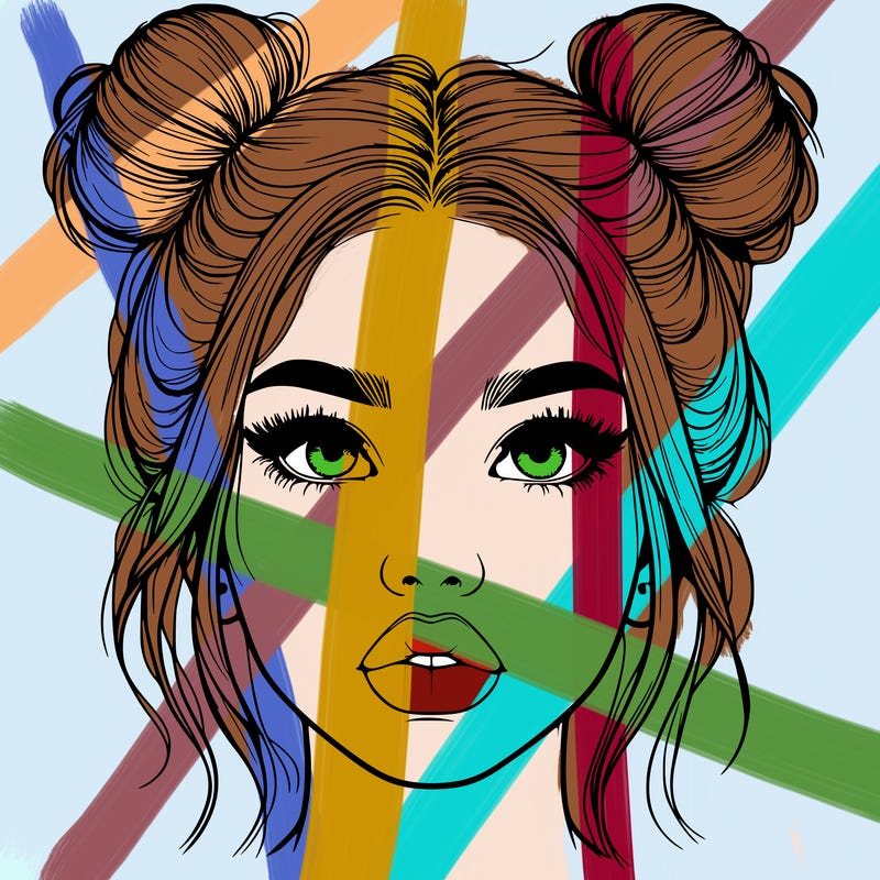 realistic girl with two buns on her hair and lips