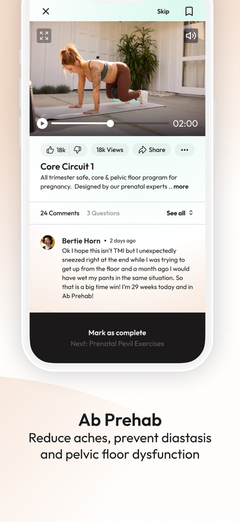 Natal - Pregnancy & Postpartum - Interface of the Natal app showing a prenatal core workout video and a user review for the Ab Prehab program.