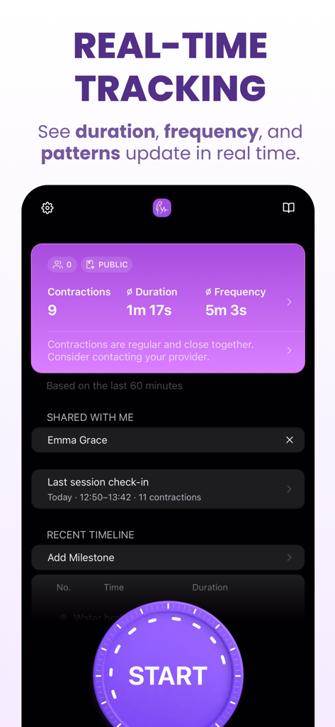 Bump Pulse: Contraction Timer - Bump Pulse app interface showing real time contraction duration frequency and labor patterns with a large start button