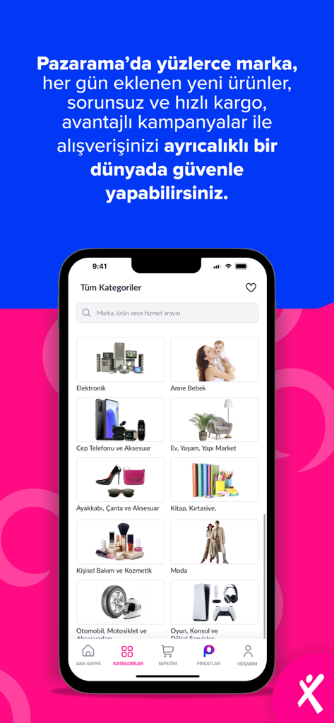 Maximum Mobil - A mobile screen showing the Pazarama marketplace categories within the Maximum Mobil app including electronics and fashion