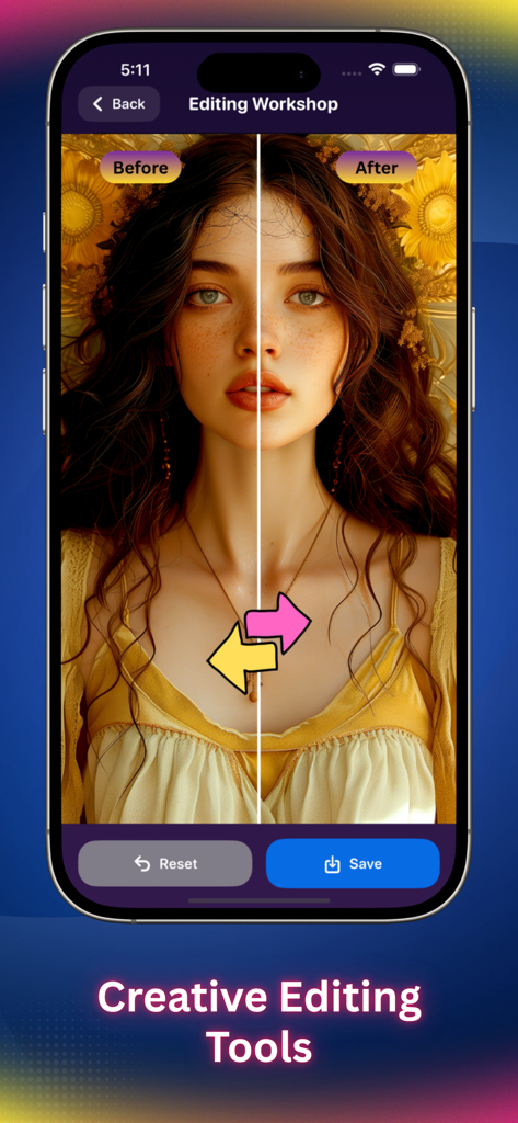 Aura AI Photo Magic - Aplicación Aura AI Photo Magic mostrando una comparación de antes y después de una foto de retrato editada en la pantalla del Taller de Edición.