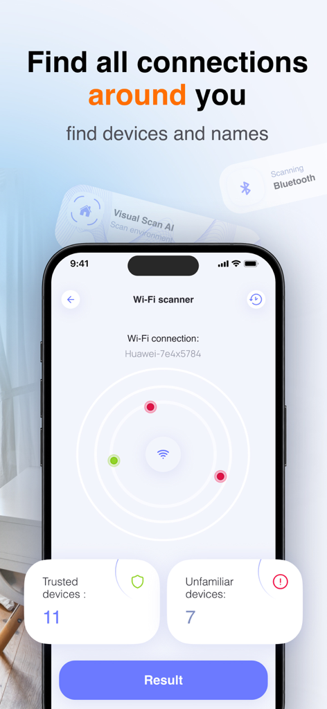 A mobile phone screen showing a wifi scanner radar with trusted and unfamiliar device counts