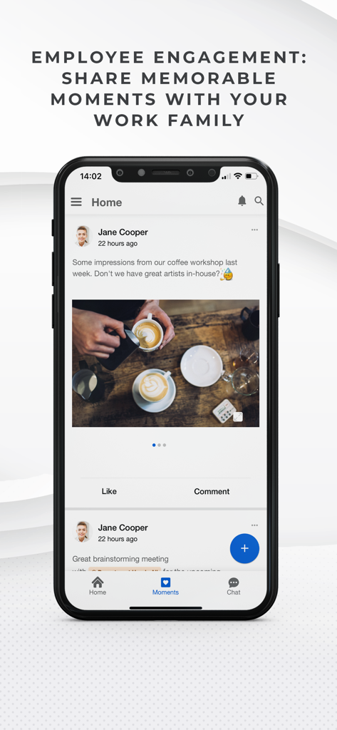 hotelkit - A mobile phone displaying the hotelkit app with an internal social feed for employees to share work moments