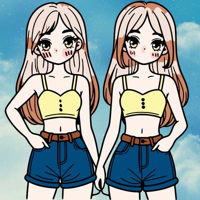 two sisters with crop tops and jean shorts and straight hair