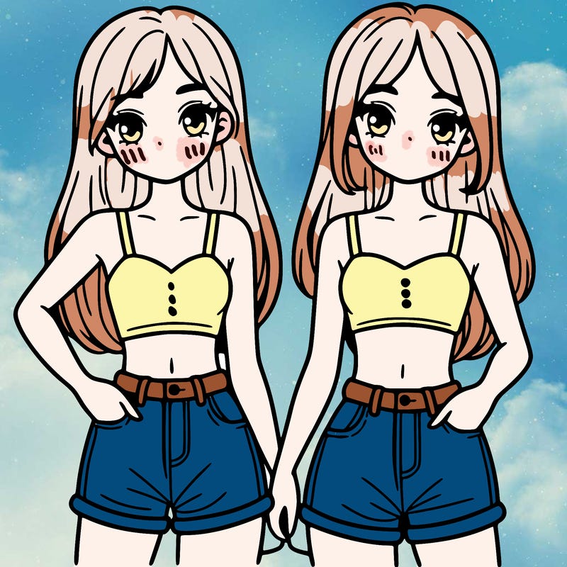 two sisters with crop tops and jean shorts and straight hair
