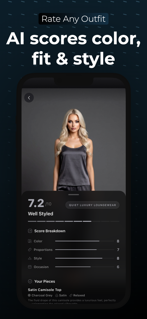 SELION.AI - AI-powered outfit check feature on SELION.AI app showing a style score and breakdown.