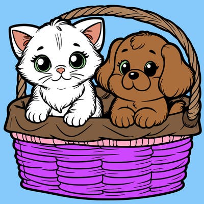 kitten and a puppy in a purple basket