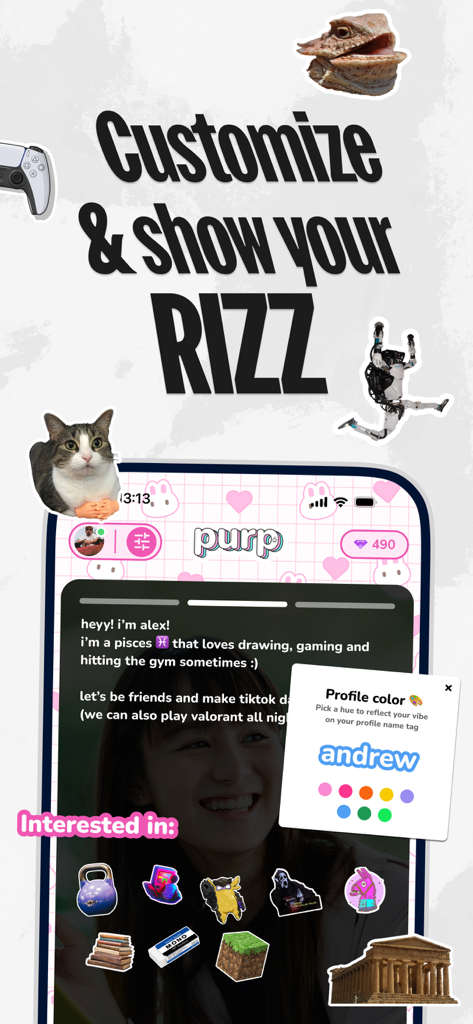 purp - Make new friends - Interfaccia utente dell'app Purp che mostra le funzionalità di personalizzazione del profilo con un selettore di colori e adesivi di interesse.