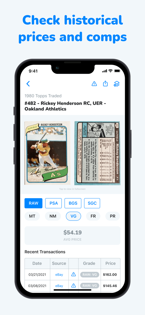 CollX: Sports Card Scanner - Mobile app screen showing the historical market value and recent sales transactions for a Rickey Henderson rookie baseball card.