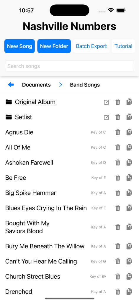 Nashville Numbers - Interfaz de la aplicación Nashville Numbers mostrando una lista de canciones con títulos, tonalidades y carpetas