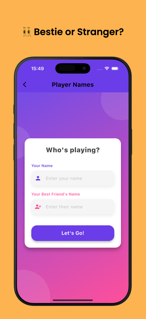 Player name input screen for the How Well Do You Know Me quiz app featuring fields for user and best friend names