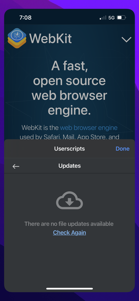 Userscripts - L'interface de l'application Userscripts montrant l'écran des mises à jour avec un message indiquant qu'il n'y a pas de mises à jour de fichiers disponibles.