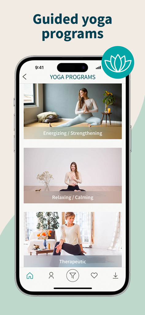 Pantalla de teléfono inteligente que muestra la interfaz de la aplicación YogaEasy con programas de yoga guiados para prácticas energizantes, relajantes y terapéuticas
