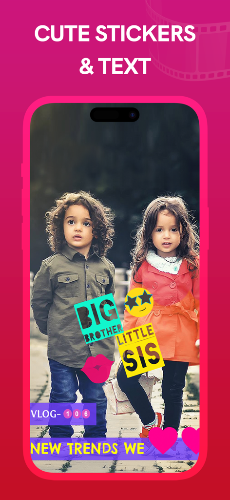 Vizmato: Video Editor & Maker - Vizmato app screenshot showing colorful stickers and text overlays like Big Brother and Little Sis on a video of two children.