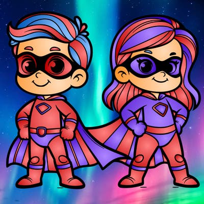 2 superheroes one is a boy of 5 and one is a girl 3 years