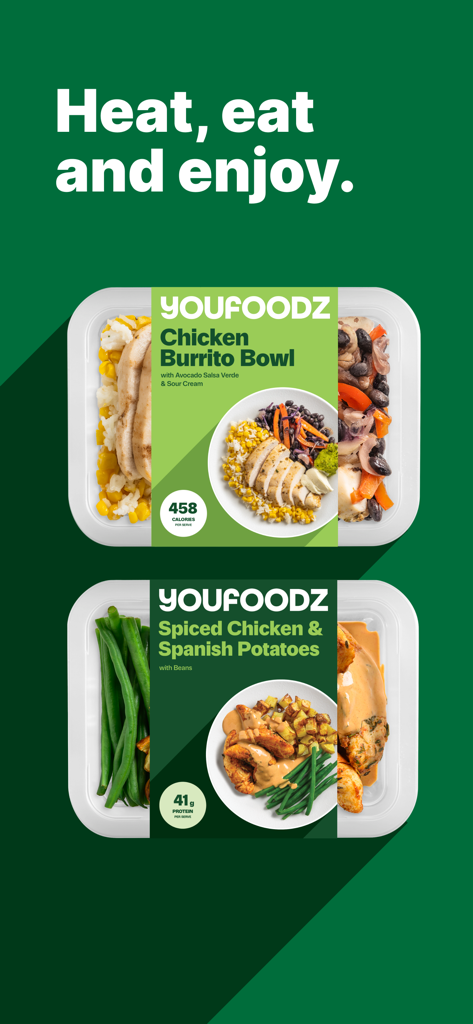Youfoodz: Custom Meal Plan - Two Youfoodz prepared meals including a Chicken Burrito Bowl and Spiced Chicken with Spanish Potatoes displayed on a green background with the text heat eat and enjoy
