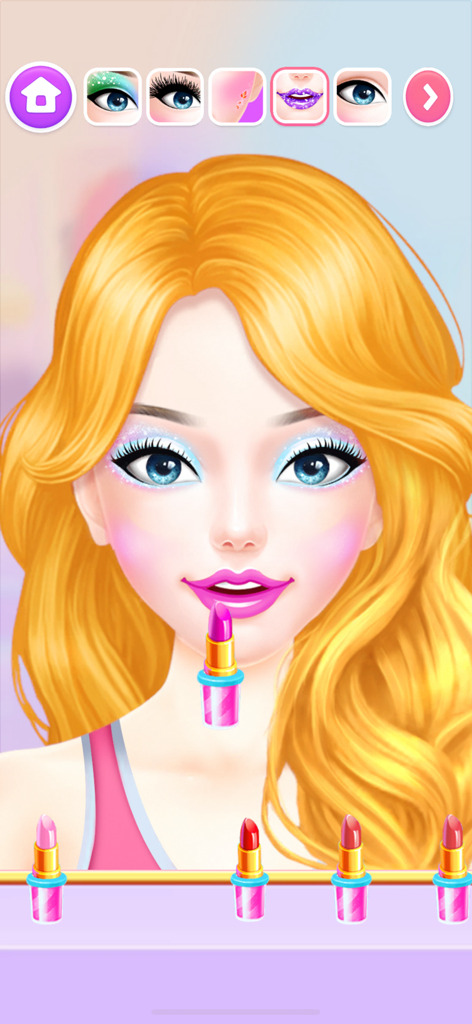 Makeup Salon: Games for Girls - Applying pink lipstick to a blonde model with blue eyeshadow in a kids makeup game