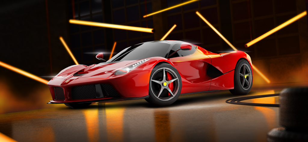 Ein schlanker roter Sportwagen in einer Garage mit orangefarbener Neonbeleuchtung