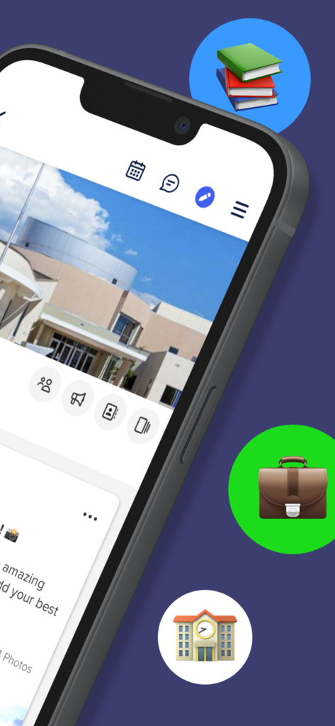 GroupSpot - GroupSpot mobile app interface showing group communication tools and various community icons for schools and book clubs