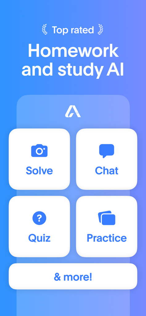 Atlas: AI Study Companion - Interface do Atlas AI Study Companion mostrando recursos de solucionador de lição de casa, chat, quiz e prática para estudantes.
