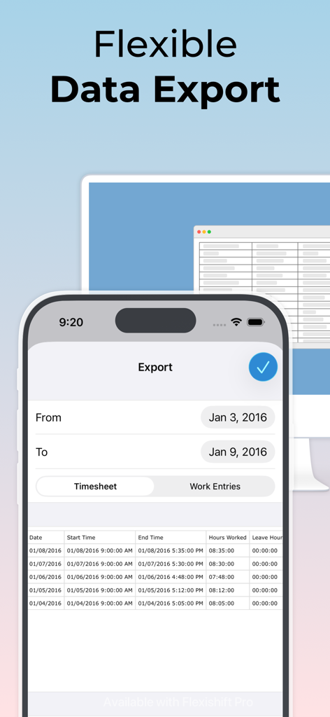 Clock in clock out: Flexishift - Flexishift app screen showing the flexible data export feature for work hours and timesheets.