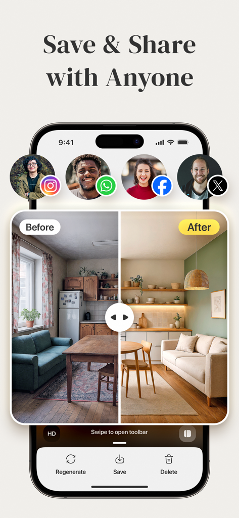 AI Home Design - Decorio - Decorio app interface showing a before and after interior design transformation with social media sharing options