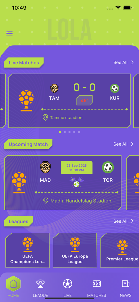 LOLA FOOTBALL - LOLA Football app home screen showing live match scores and upcoming fixtures