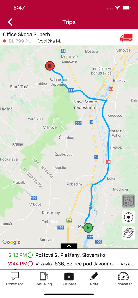 GPS vehicle tracking map showing a completed trip route and timestamps in the Commander V2 app