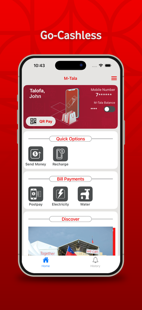 M-Tala - Panel de la aplicación M-Tala que muestra opciones para enviar dinero y pagar facturas de electricidad y agua