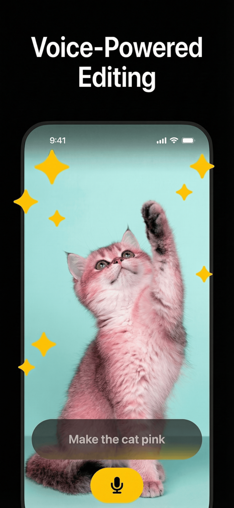 Una interfaz móvil para Bananai AI Photo Editor mostrando edición por voz para volver rosa a un gatito.