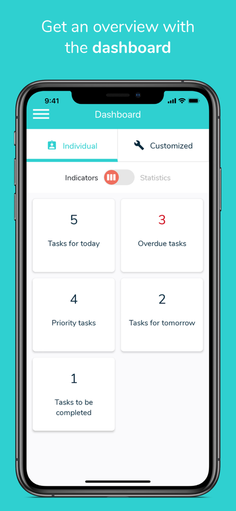 Beesbusy app dashboard displaying task statistics including tasks for today and overdue tasks