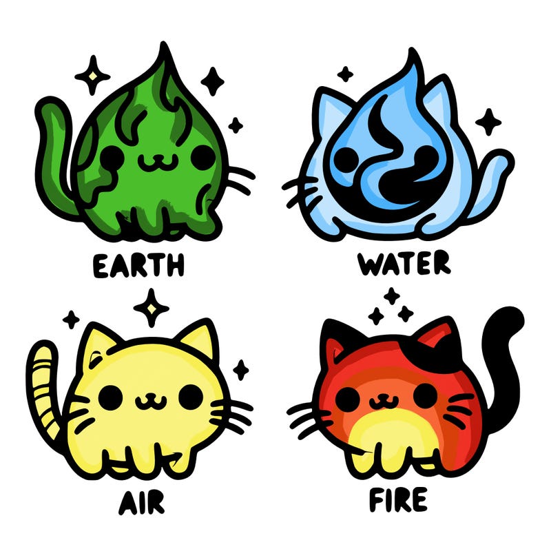 4 cats that represent the different elements, earth, water, air, and fire