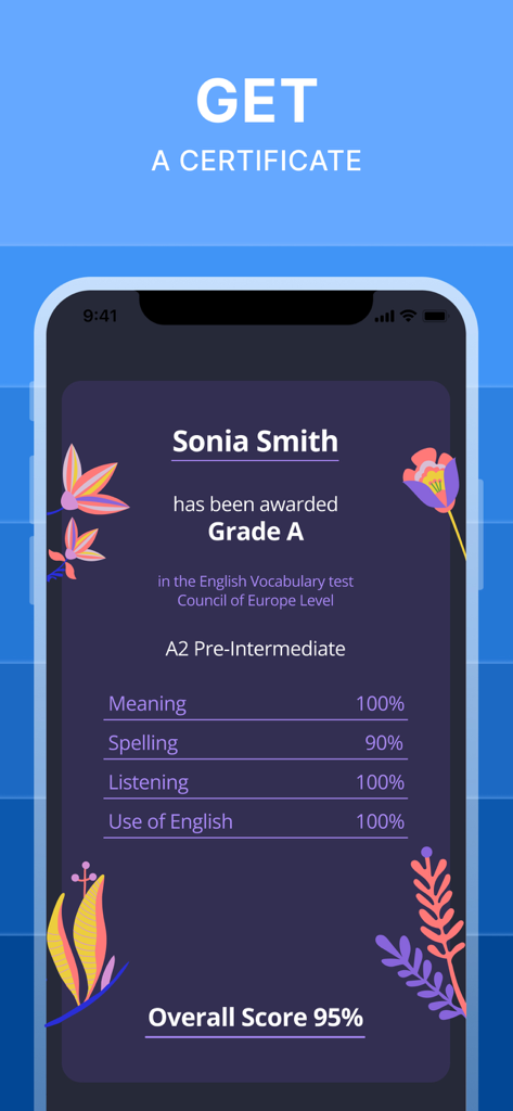 English learning app screenshot showing a proficiency certificate for A2 level with high test scores