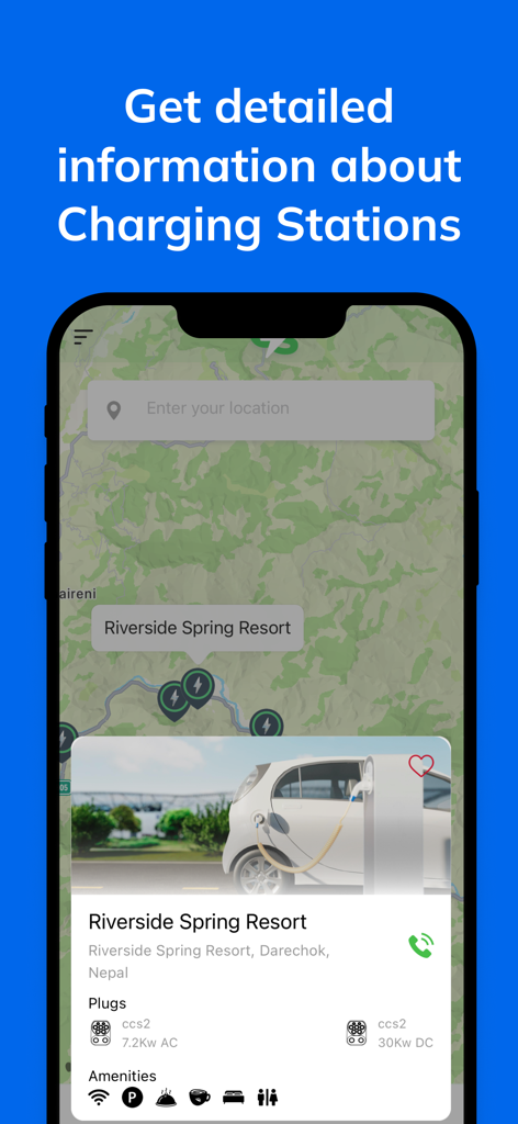 Charging Stations Nepal - Mobile app screen showing detailed EV charging station information in Nepal including map location plug types and available amenities
